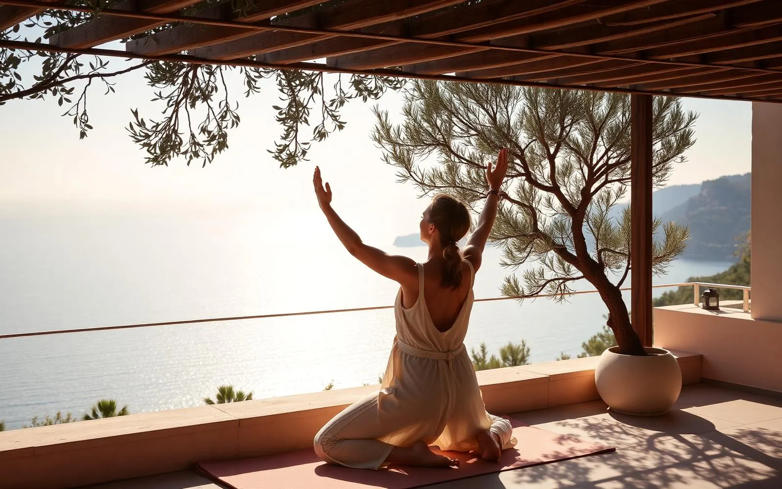 Femme en posture de yoga douce sur une terrasse face à la mer sur la Côte d'Azur