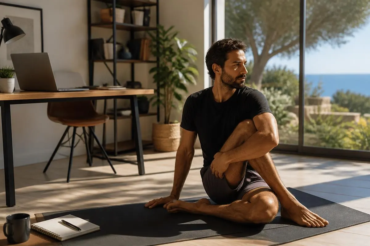 Homme pratiquant le yoga dans un espace de travail lumineux face à la mer