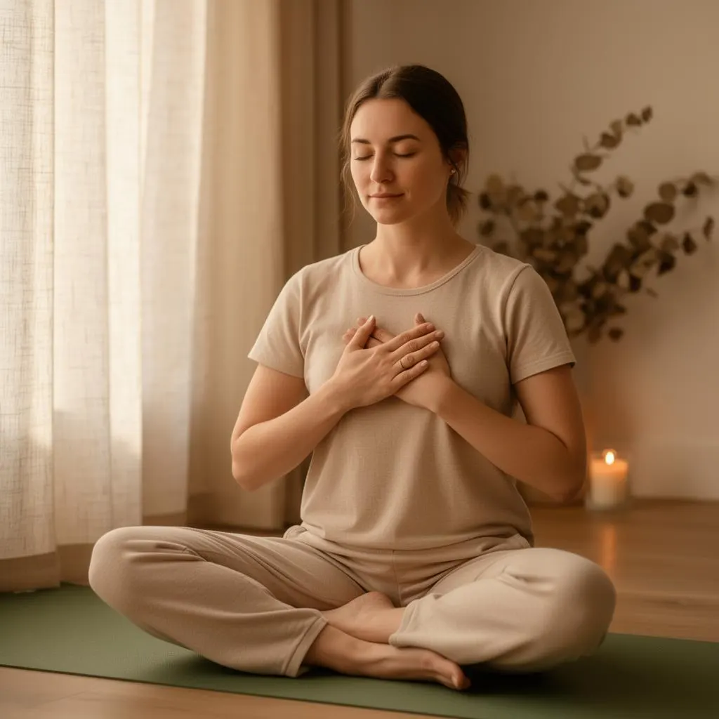Maman en méditation, mains sur le cœur, lumière douce